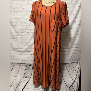 LuLaRoe “Carly” front pocket high low dress Orange with Blue stripes